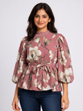 SITASONI Floral Print Smocked Neck Women's Peplum Top with Waist Tie-Up
