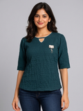SITASONI Smocked Texture Women's Top with Metal Brooch Feature